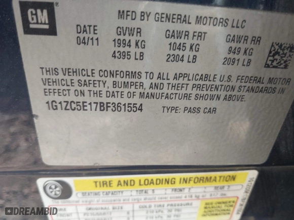 2011 Chevrolet Malibu LT w/1LT with VIN 1G1ZC5E17BF361554, listed as a IAAI auction lot 41684814 with 215,470 mi miles. Bid and sale history available at carsss.com. Image 9.