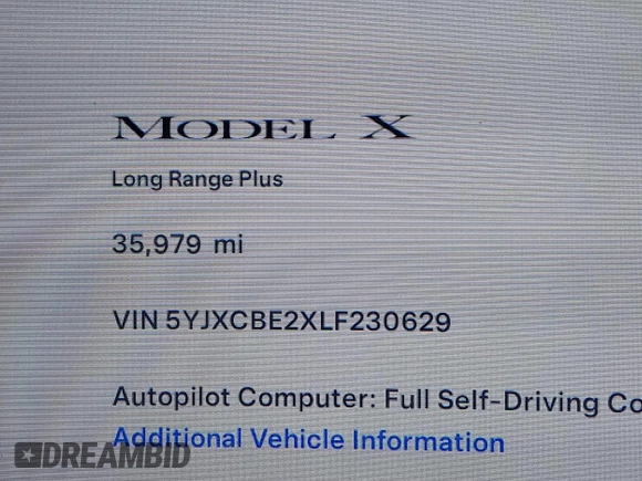 2020 Tesla Model X Long Range with VIN 5YJXCBE2XLF230629, listed as a IAAI auction lot 41925961 with 35,979 mi miles. Bid and sale history available at carsss.com. Image 15.