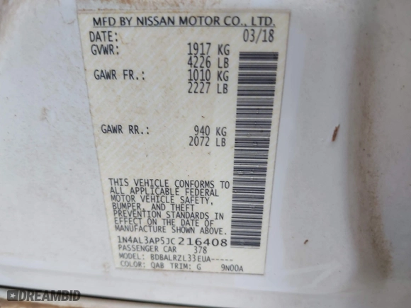 2018 Nissan Altima 2.5 SV with VIN 1N4AL3AP5JC216408, listed as a IAAI auction lot 41481988 with 216,407 mi miles. Bid and sale history available at carsss.com. Image 9.