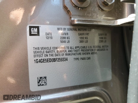 2011 Buick LaCrosse CXS with VIN 1G4GE5ED0BF259334, listed as a Copart auction lot 56402765 with 117,010 mi miles and Salvage title. Bid and sale history available at DreamBid. Image 12.