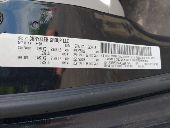 2010 Dodge Grand Caravan SXT with VIN 2D4RN5D11AR459864, listed as a IAAI auction lot 42197818 with 149,553 mi miles and . Bid and sale history available at DreamBid. Image 9.