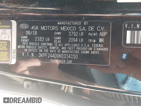 2019 Kia Forte LXS with VIN 3KPF24AD0KE014150, listed as a IAAI auction lot 42535367 with 55,770 mi miles and . Bid and sale history available at DreamBid. Image 9.