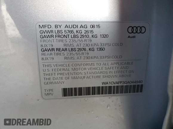 2016 Audi Q5 Premium Plus with VIN WA1CVAFP3GA044940, listed as a Copart auction lot 87227444 with 102,947 mi miles and Salvage title. Bid and sale history available at DreamBid. Image 16.