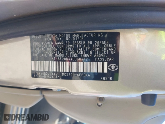 2004 Toyota Avalon XL with VIN 4T1BF28B44U360472, listed as a IAAI auction lot 41817301 with 345,359 mi miles and . Bid and sale history available at DreamBid. Image 9.