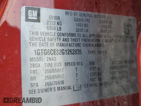 2016 GMC Canyon 4WD SLE with VIN 1GTG6CE32G1262835, listed as a Copart auction lot 55734815 with 67,874 mi miles and Salvage title. Bid and sale history available at DreamBid. Image 12.