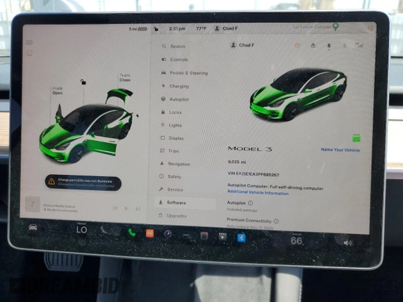 2023 Tesla Model 3 with VIN 5YJ3E1EA3PF695267, listed as a Copart auction lot 52559645 with 9,025 mi miles and Salvage title. Bid and sale history available at DreamBid. Image 9.