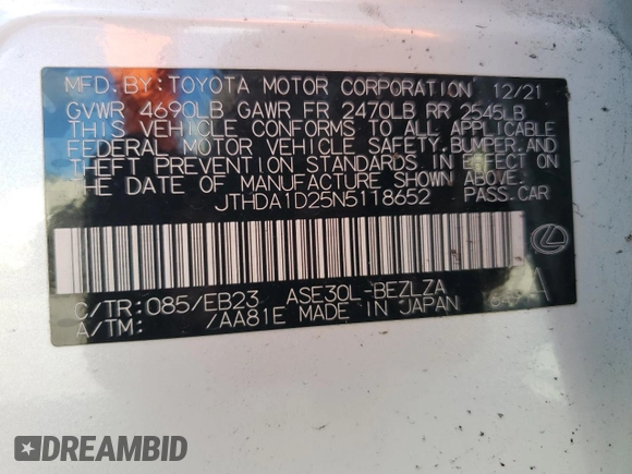 2022 Lexus IS with VIN JTHDA1D25N5118652, listed as a Copart auction lot 86983604 with 29,860 mi miles and Salvage Title. Bid and sale history available at carsss.com. Image 12.