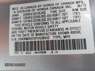 2015 Honda CR-V EX-L with VIN 2HKRM3H72FH538452, listed as a IAAI auction lot 42027471 with 66,348 mi miles. Bid and sale history available at carsss.com. Image 9.