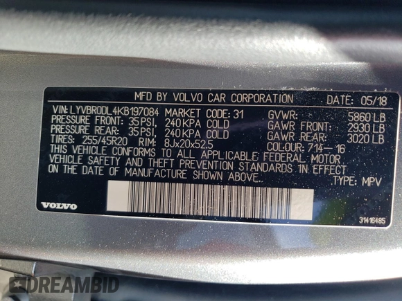 2019 Volvo XC60 Inscription with VIN LYVBR0DL4KB197084, listed as a Copart auction lot 47769853 with 68,295 mi miles. Bid and sale history available at carsss.com. Image 13.