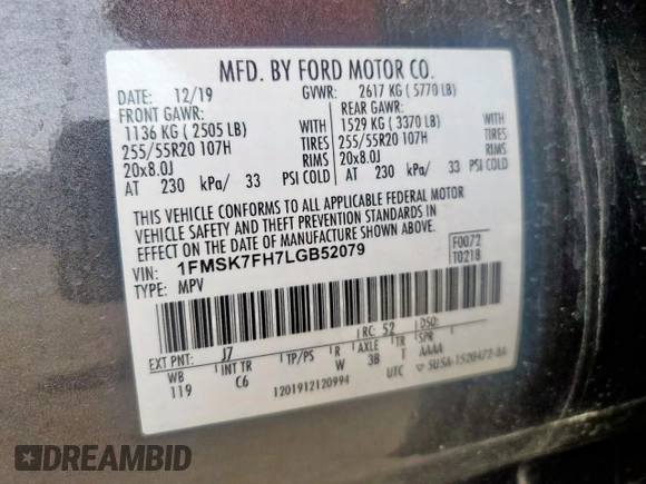 2020 Ford Explorer Limited z VIN 1FMSK7FH7LGB52079, wystawiony jako Copart lot #57171055 z przebiegiem 45 015 mil mil oraz Szkoda całkowita • Salvage title. Historia ofert i sprzedaży dostępna na DreamBid. Obrazek 14.