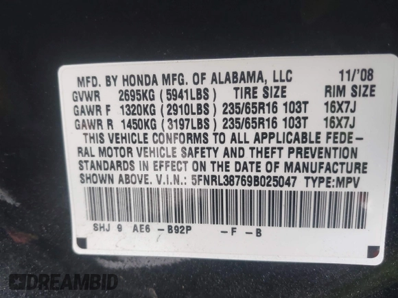 2009 Honda Odyssey EX-L с VIN 5FNRL38769B025047, выставлен на аукционе IAAI как лот 42224737 с пробегом 165 438 миль миль и . История ставок и продаж доступна на DreamBid. Изображение 9.