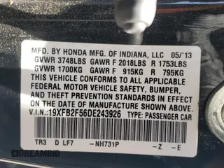 2013 Honda Civic LX z VIN 19XFB2F56DE243926, wystawiony jako Copart lot #59379185 z przebiegiem 155 333 mil mil oraz Szkoda całkowita • Salvage title. Historia ofert i sprzedaży dostępna na DreamBid. Obrazek 13.