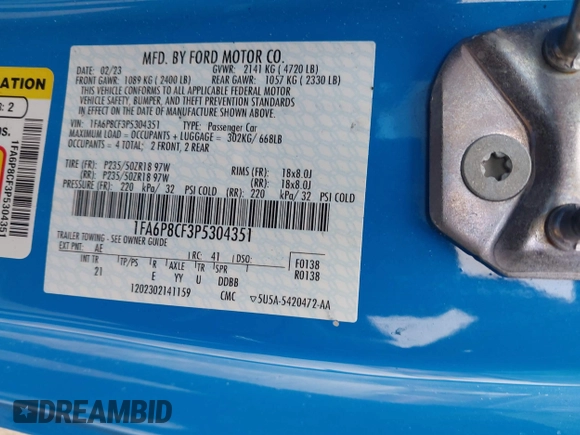 2023 Ford Mustang GT with VIN 1FA6P8CF3P5304351, listed as a IAAI auction lot 41506761 with 14,541 mi miles and . Bid and sale history available at DreamBid. Image 9.