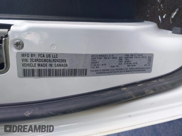 2020 Dodge Grand Caravan SE with VIN 2C4RDGBG6LR240369, listed as a IAAI auction lot 41651206 with 101,814 mi miles and . Bid and sale history available at DreamBid. Image 9.