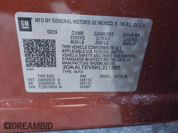 2019 GMC Terrain SLE with VIN 3GKALTEV5KL317283, listed as a IAAI auction lot 41639956 with 52,658 mi miles. Bid and sale history available at carsss.com. Image 9.