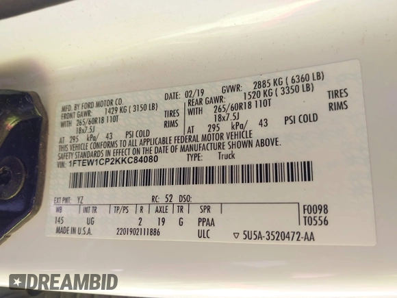 2019 Ford F-150 XL with VIN 1FTEW1CP2KKC84080, listed as a IAAI auction lot 41537036 with 84,895 mi miles and . Bid and sale history available at DreamBid. Image 9.