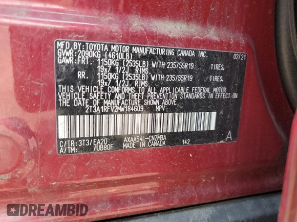 2021 Toyota RAV4 XLE Premium z VIN 2T3A1RFV2MW184609, wystawiony jako Copart lot #60129555 z przebiegiem 69 502 mil mil oraz Szkoda całkowita • Salvage title. Historia ofert i sprzedaży dostępna na DreamBid. Obrazek 13.