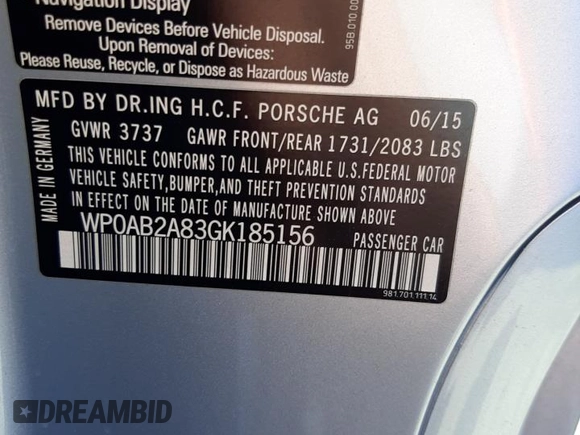 2016 Porsche Cayman S with VIN WP0AB2A83GK185156, listed as a Copart auction lot 47107573 with 86,067 mi miles and . Bid and sale history available at DreamBid. Image 12.