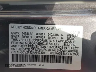 2019 Honda Accord Sport with VIN 1HGCV2F32KA017330, listed as a Copart auction lot 55068015 with 75,016 mi miles and Salvage title. Bid and sale history available at DreamBid. Image 13.