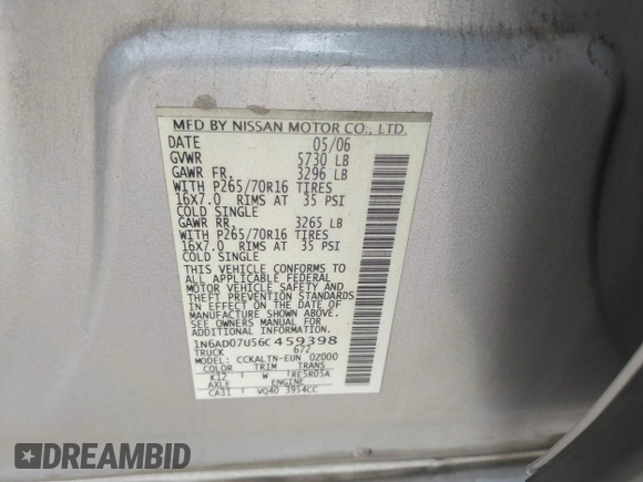 2006 Nissan Frontier SE with VIN 1N6AD07U56C459398, listed as a IAAI auction lot 42756580 with 145,988 mi miles and . Bid and sale history available at DreamBid. Image 9.