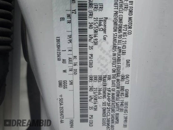 2012 Ford Focus SE with VIN 1FAHP3F21CL389667, listed as a Copart auction lot 49953185 with 44,268 mi miles and Salvage Title. Bid and sale history available at DreamBid. Image 12.
