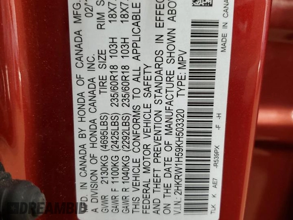 2019 Honda CR-V EX with VIN 2HKRW1H59KH503320, listed as a Copart auction lot 47656955 with 32,893 mi miles and Salvage Title. Bid and sale history available at carsss.com. Image 16.