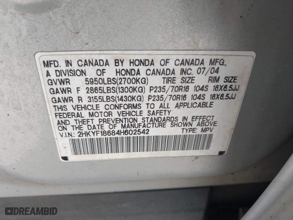 2004 Honda Pilot EX with VIN 2HKYF18684H602542, listed as a IAAI auction lot 42116418 with 240,737 mi miles. Bid and sale history available at carsss.com. Image 9.