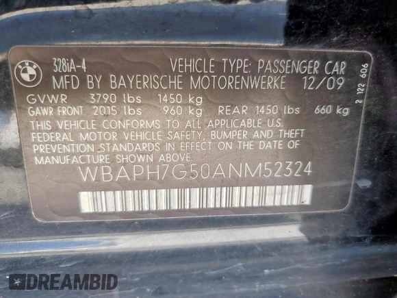 2010 BMW 3 Series 328i with VIN WBAPH7G50ANM52324, listed as a Copart auction lot 47139835 with 100,013 mi miles and Clean Title. Bid and sale history available at carsss.com. Image 13.