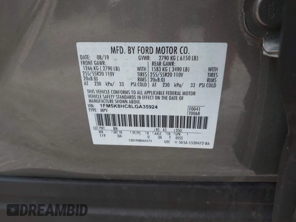 2020 Ford Explorer Platinum с VIN 1FM5K8HC8LGA35924, выставлен на аукционе IAAI как лот 42497028 с пробегом 50 457 миль миль и . История ставок и продаж доступна на DreamBid. Изображение 9.