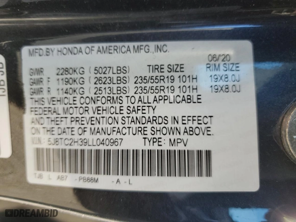 2020 Acura RDX with VIN 5J8TC2H39LL040967, listed as a Copart auction lot 42532005 with 53,404 mi miles and Salvage Title. Bid and sale history available at carsss.com. Image 16.