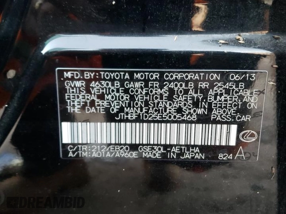 2014 Lexus IS 250 with VIN JTHBF1D25E5005468, listed as a Copart auction lot 85463284 with 149,477 mi miles and Salvage Title. Bid and sale history available at carsss.com. Image 12.