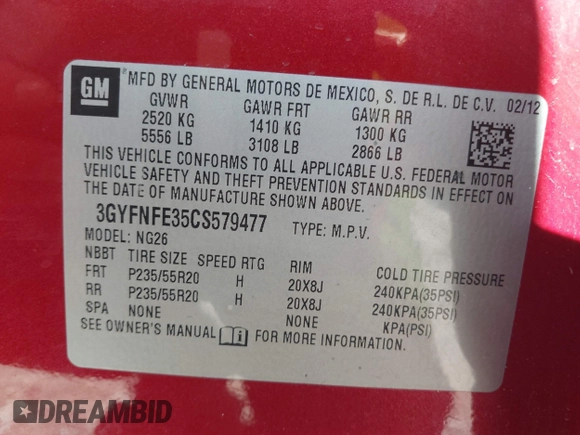 2012 Cadillac SRX Premium Collection with VIN 3GYFNFE35CS579477, listed as a IAAI auction lot 42230628 with 138,789 mi miles and . Bid and sale history available at DreamBid. Image 9.