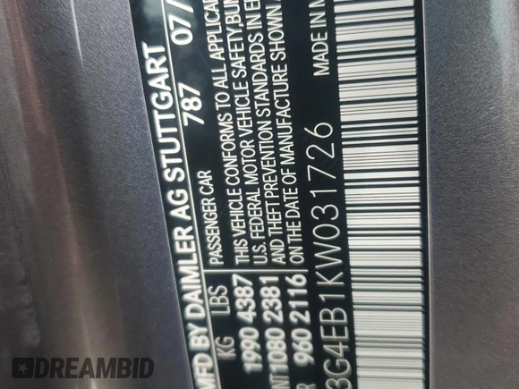 2019 Mercedes-Benz A 220 with VIN WDD3G4EB1KW031726, listed as a Copart auction lot 59868105 with 31,756 mi miles and Salvage title. Bid and sale history available at DreamBid. Image 12.