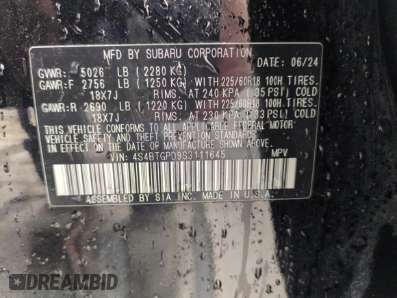 2025 Subaru Outback Touring XT with VIN 4S4BTGPD9S3111645, listed as a Copart auction lot 54559885 with 6,459 mi miles and Salvage title. Bid and sale history available at DreamBid. Image 13.