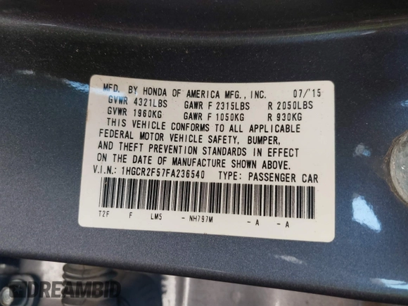 2015 Honda Accord Sport with VIN 1HGCR2F57FA236540, listed as a IAAI auction lot 42191104 with 151,853 mi miles and . Bid and sale history available at DreamBid. Image 9.