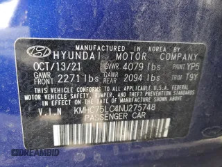 2022 Hyundai Ioniq SE with VIN KMHC75LC4NU275748, listed as a Copart auction lot 82028704 with 54,800 mi miles and Salvage title. Bid and sale history available at DreamBid. Image 13.