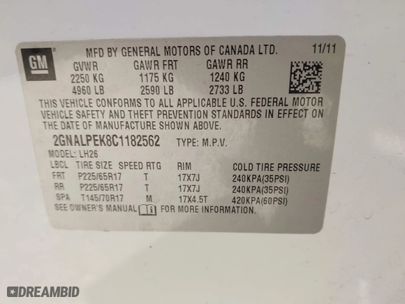 2012 Chevrolet Equinox LT w/2LT with VIN 2GNALPEK8C1182562, listed as a IAAI auction lot 41749080 with 151,586 mi miles. Bid and sale history available at carsss.com. Image 9.