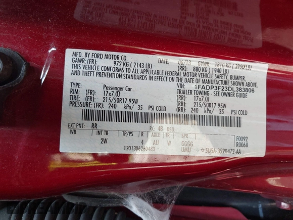 2013 Ford Focus SE with VIN 1FADP3F23DL383806, listed as a IAAI auction lot 42737374 with 136,067 mi miles and . Bid and sale history available at DreamBid. Image 9.
