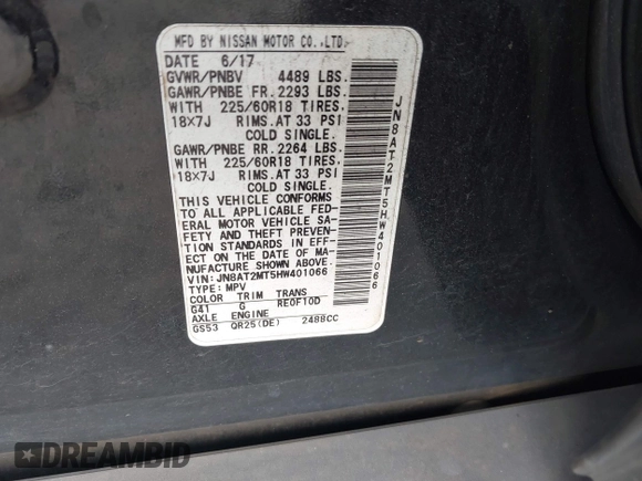 2017 Nissan Rogue SL with VIN JN8AT2MT5HW401066, listed as a IAAI auction lot 42097429 with 164,053 mi miles and . Bid and sale history available at DreamBid. Image 9.