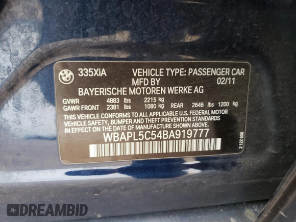 2011 BMW 3 Series 335i xDrive with VIN WBAPL5C54BA919777, listed as a Copart auction lot 53599895 with Not provided miles and Salvage title. Bid and sale history available at DreamBid. Image 12.