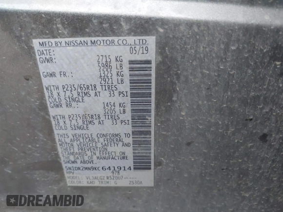 2019 Nissan Pathfinder SL with VIN 5N1DR2MN9KC641914, listed as a IAAI auction lot 40698840 with 173,515 mi miles and . Bid and sale history available at DreamBid. Image 9.