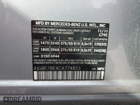 2012 Mercedes-Benz GL 450 with VIN 4JGBF7BE4CA774853, listed as a Copart auction lot 76078194 with 164,836 mi miles and Salvage Title. Bid and sale history available at DreamBid. Image 13.