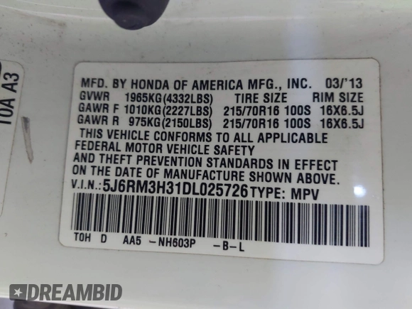2013 Honda CR-V LX with VIN 5J6RM3H31DL025726, listed as a IAAI auction lot 40658785 with 262,021 mi miles. Bid and sale history available at carsss.com. Image 9.