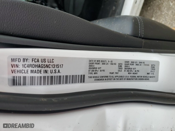2022 Dodge Durango SXT with VIN 1C4RDHAG5NC131517, listed as a Copart auction lot 70134054 with 48,639 mi miles and Salvage Title. Bid and sale history available at carsss.com. Image 13.