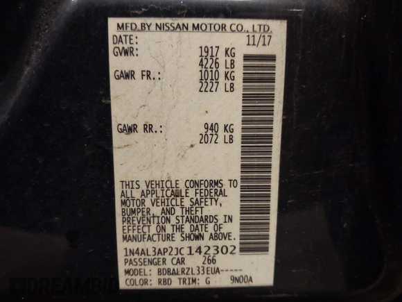 2018 Nissan Altima SR with VIN 1N4AL3AP2JC142302, listed as a IAAI auction lot 42013171 with 112,360 mi miles and . Bid and sale history available at carsss.com. Image 9.
