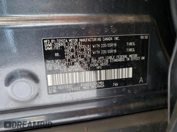 2021 Toyota RAV4 XLE Premium with VIN 2T3C1RFV4MC092721, listed as a Copart auction lot 56980835 with 31,640 mi miles and Salvage title. Bid and sale history available at DreamBid. Image 13.