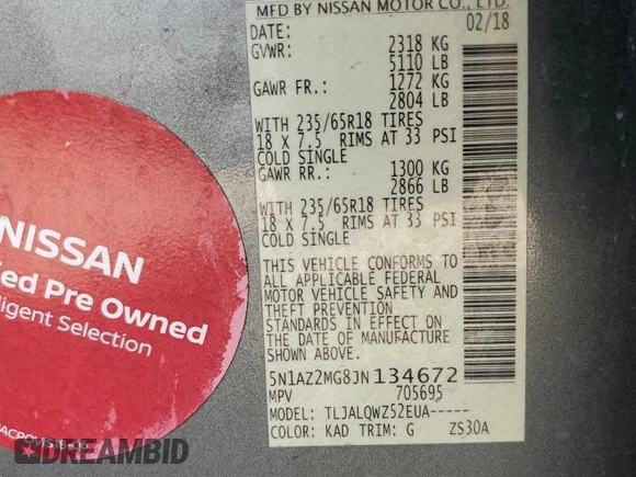 2018 Nissan Murano S with VIN 5N1AZ2MG8JN134672, listed as a Copart auction lot 50769395 with 104,217 mi miles and Salvage Title. Bid and sale history available at DreamBid. Image 13.