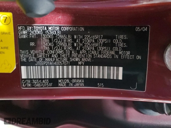 2004 Toyota Highlander z VIN JTEEP21A140057071, wystawiony jako Copart lot #61100575 z przebiegiem 123 763 mil mil oraz Szkoda całkowita • Salvage title. Historia ofert i sprzedaży dostępna na DreamBid. Obrazek 14.