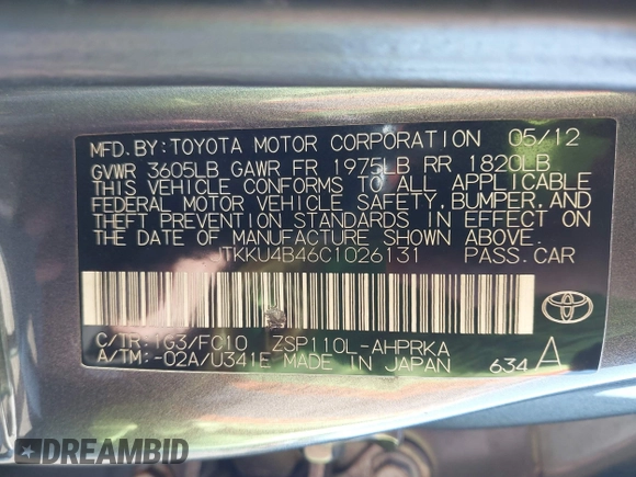 2012 Scion xD with VIN JTKKU4B46C1026131, listed as a IAAI auction lot 41586587 with 192,610 mi miles and . Bid and sale history available at DreamBid. Image 9.