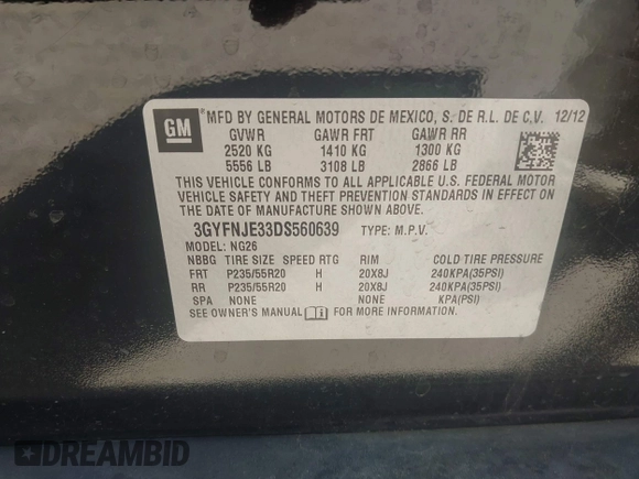 2013 Cadillac SRX Premium Collection with VIN 3GYFNJE33DS560639, listed as a IAAI auction lot 42015863 with 161,270 mi miles and . Bid and sale history available at DreamBid. Image 9.